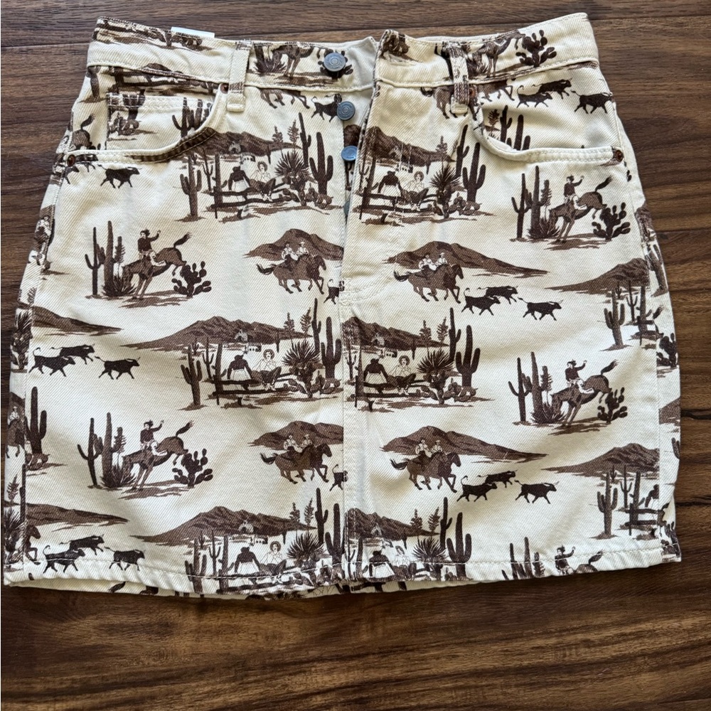 Reformation Denim Skirt with Brown Western Print